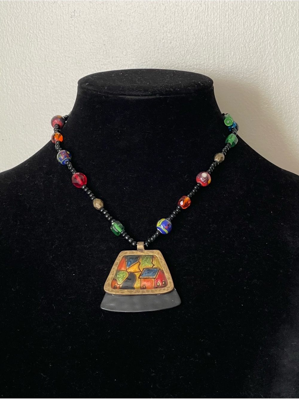 Chico's Multicolor Beaded Pendant Necklace - Red Green Blue Orange Abstract